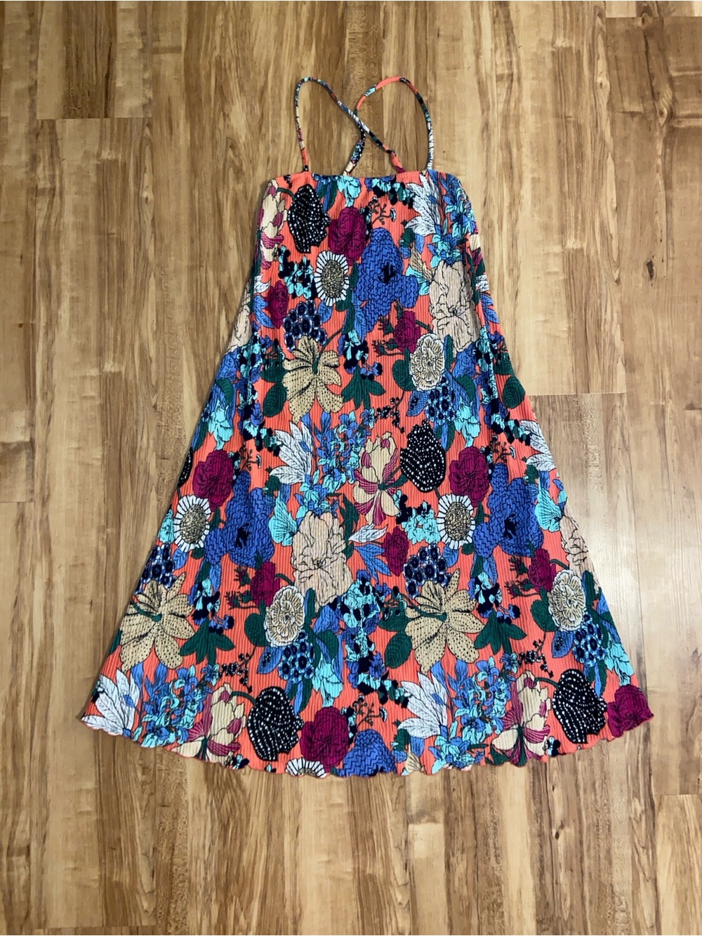 Anthropologie Deva Plisse Slip Midi Dress Floral Pleated Coral Blue XSP